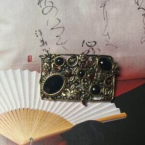 Vintage Gold Tone and Onyx Stone Elaborate Large Rectangular Brooch